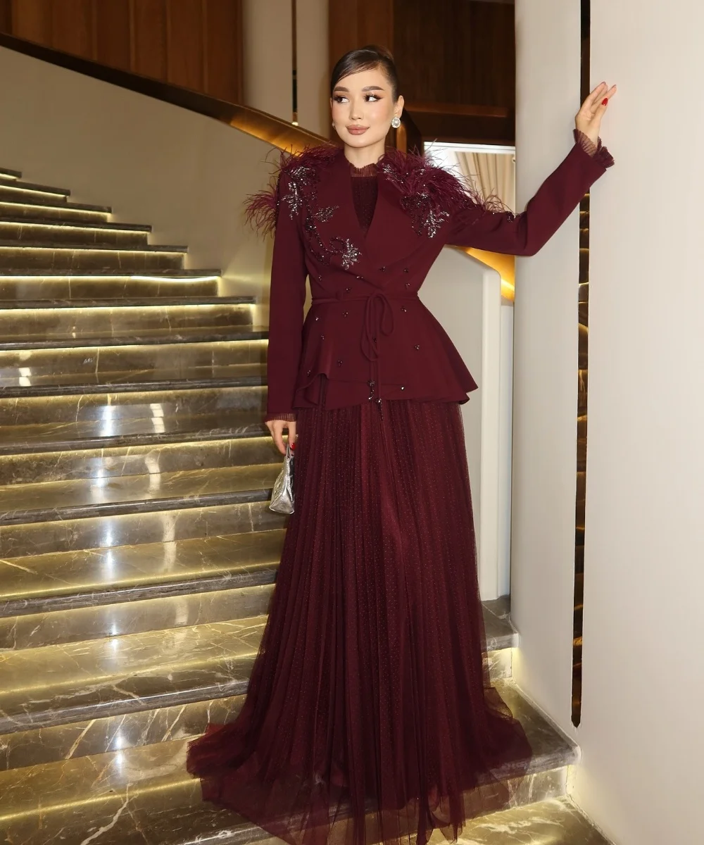 Customized Exquisite Jersey Pleat Sequined Feather A-line V-neck Long Dresses Bespoke Occasion Celebrity Chinese Style