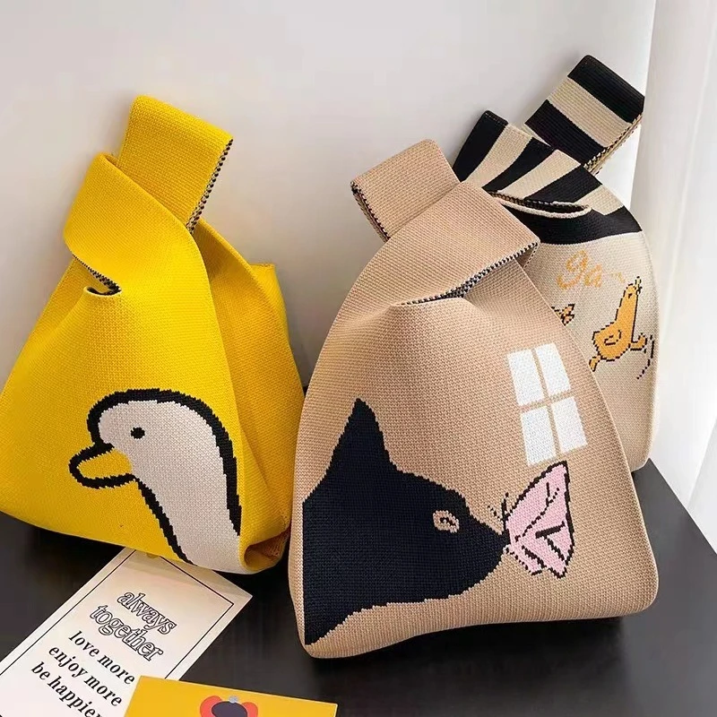 Borse da polso da donna con nodo Borsa lavorata a maglia fatta a mano Mini borse portatili a secchiello a righe Borse per telefono Borse primaverili estive di grande capacità