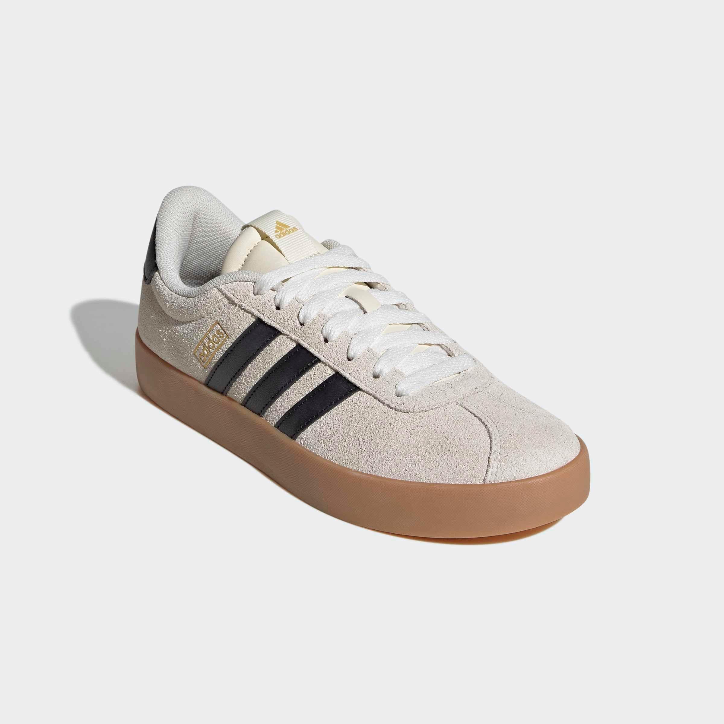 Sneaker ADIDAS SPORTSWEAR "VL COURT 3.0", Damen, Gr. 38,5, cream weiß, core schwarz, gold metallic, Leder, Synthetik, Schuhe Sneaker, inspiriert vom Design des adidas samba
