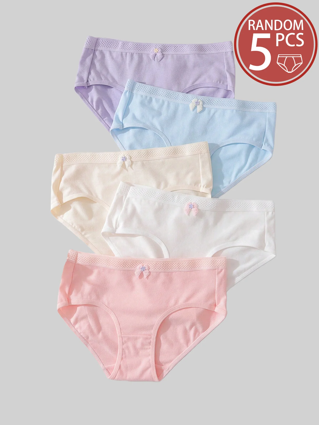 Zufällige 5 Paar mehrfarbige Schleife, einfarbig, All-Match-Mädchen-Slips, Mädchen, Studenten, nicht Bauch, bequeme, einfache Slips