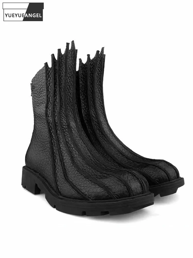Winter Neue Herren Casual Schwarz Designer Echtes Leder Bequeme Stiefel Mid Heel Zipper Motorrad Runde Kappe Schuhe Mode Männlichen Image