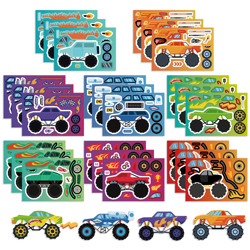 8/16/24 stücke Kinder DIY Puzzle Aufkleber Coole Geländewagen Lustige Cartoon Montieren Aufkleber Spielzeug Für Jungen mädchen Geschenke Image