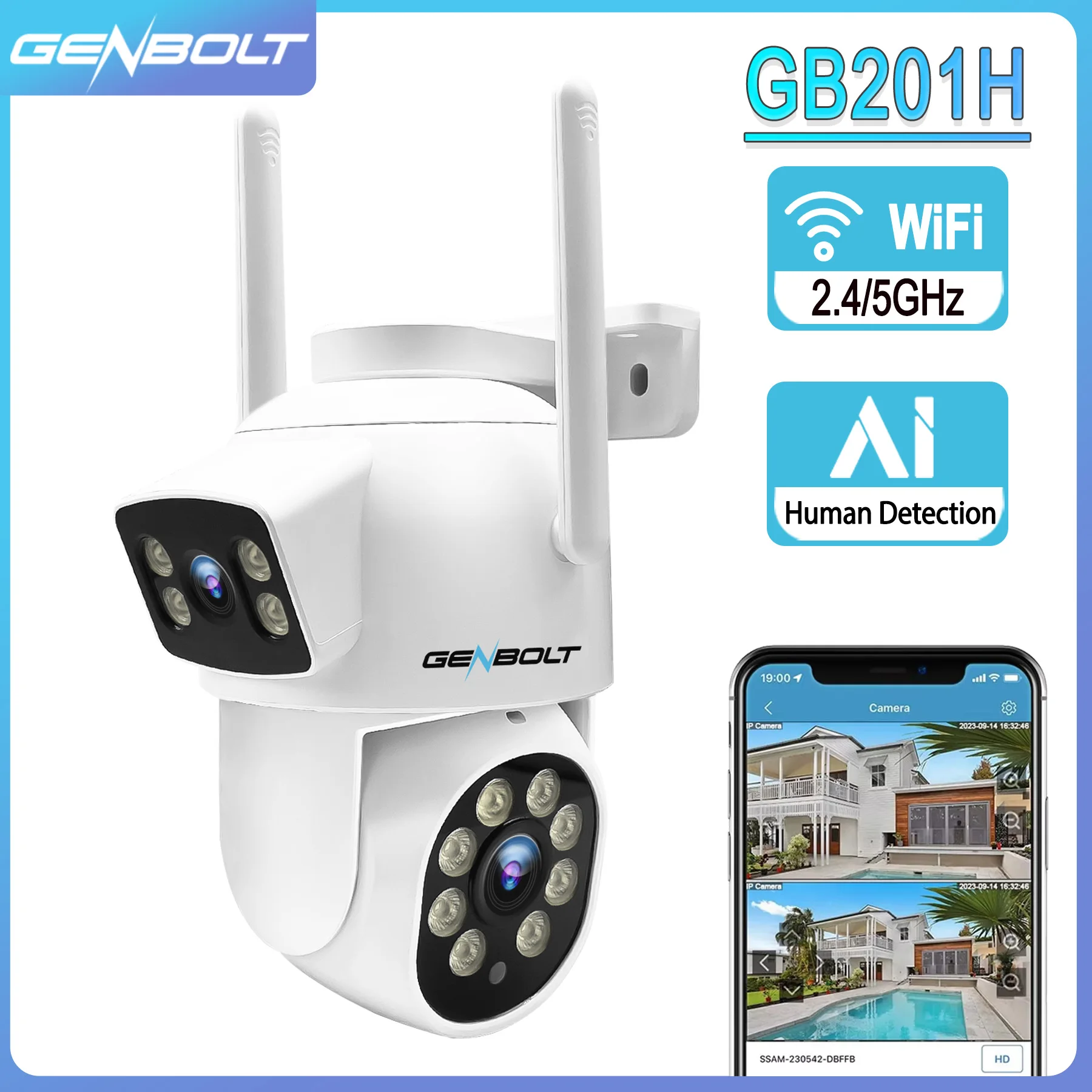 GENBOLT PTZ WiFi-Überwachungskamera für den Außenbereich, CCTV-Kamera mit Dual View, Heimüberwachungs-IP-Kamera mit zwei Objektiven und Farbnacht, Image