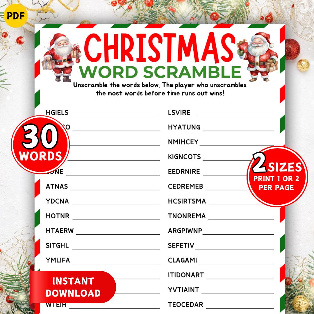 Gioco di parole di Natale, gioco di Natale stampabile, puzzle di parole da decifrare, gioco per feste di Natale per bambini e adulti, gioco di puzzle