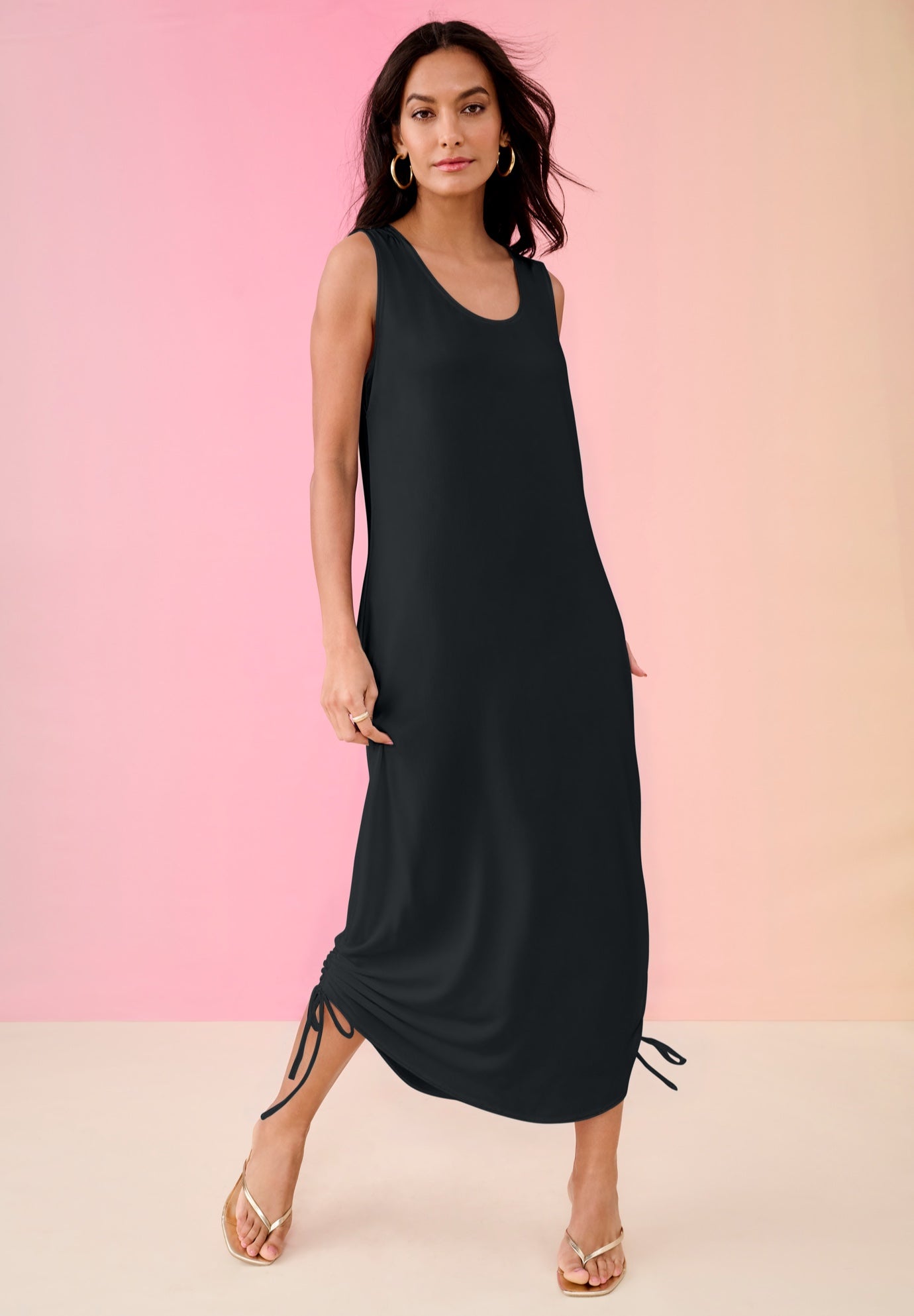 Plus Size Women's Plus Size Stretch Knit Sleeveless Midi Dress with Ruched Hem Detail by Roaman's in Black (Size 30/32)