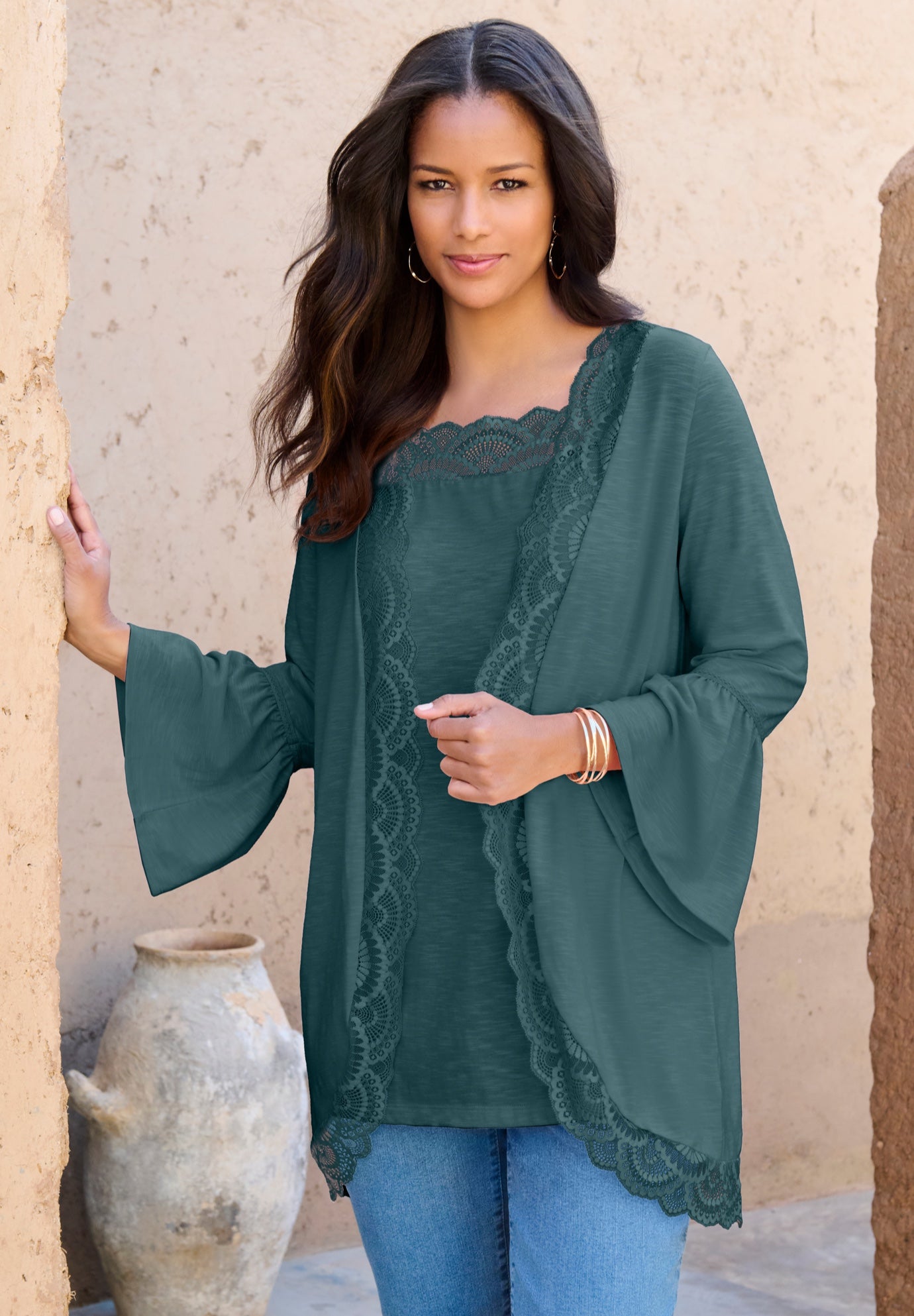 Plus Size Women's Lace-Detailed Cardigan and Tank Set by Roaman's in Mystic Pine (Size 34/36)