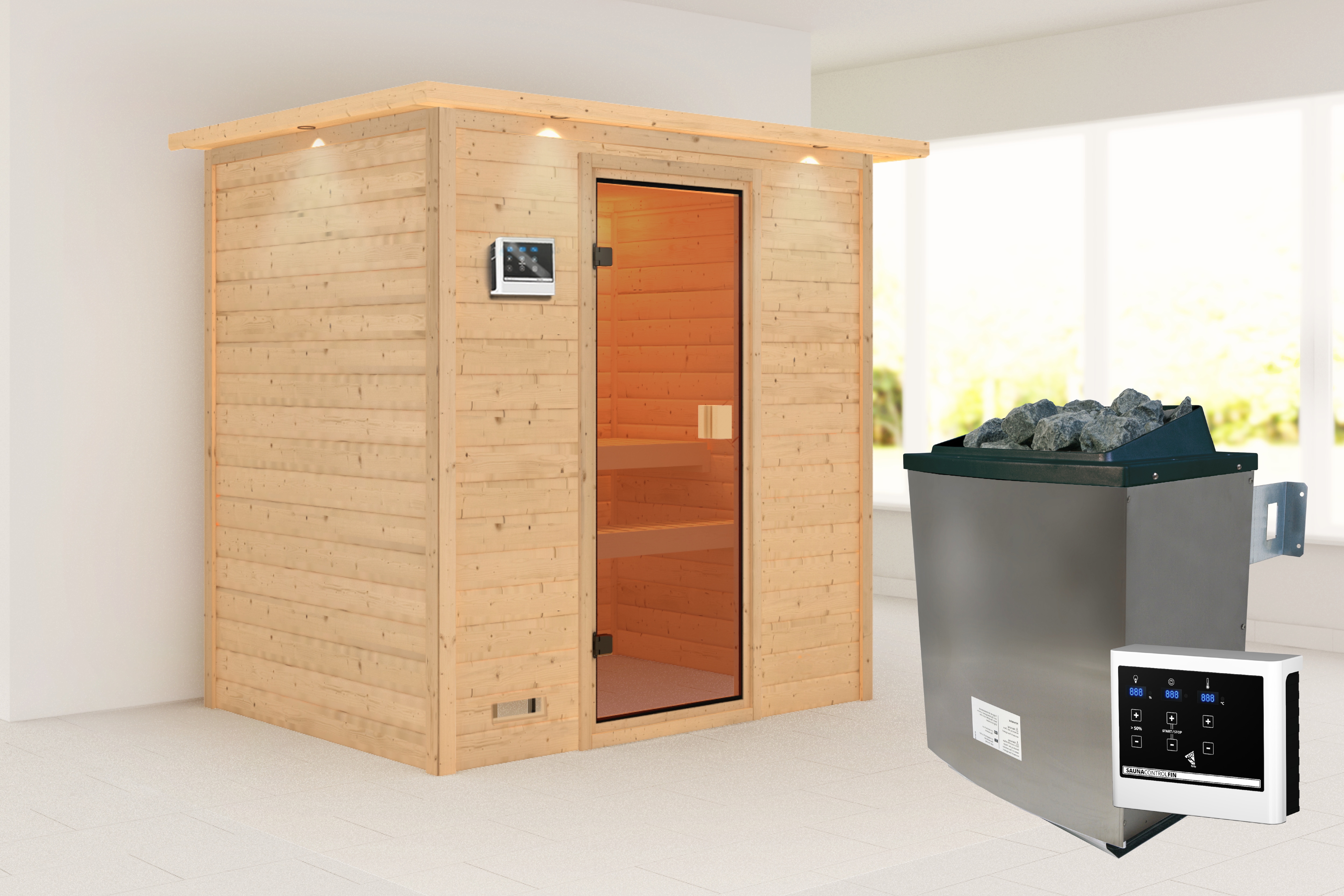 Sauna KARIBU "Sunie" mit bronzierter Tür und Kranz, naturbelassen, mit Ofen 9 kW", beige (naturbelassen), Saunaofen, externe Steuerung, 400 kW, Saunen, aus hochwertiger nordischer Fichte Image