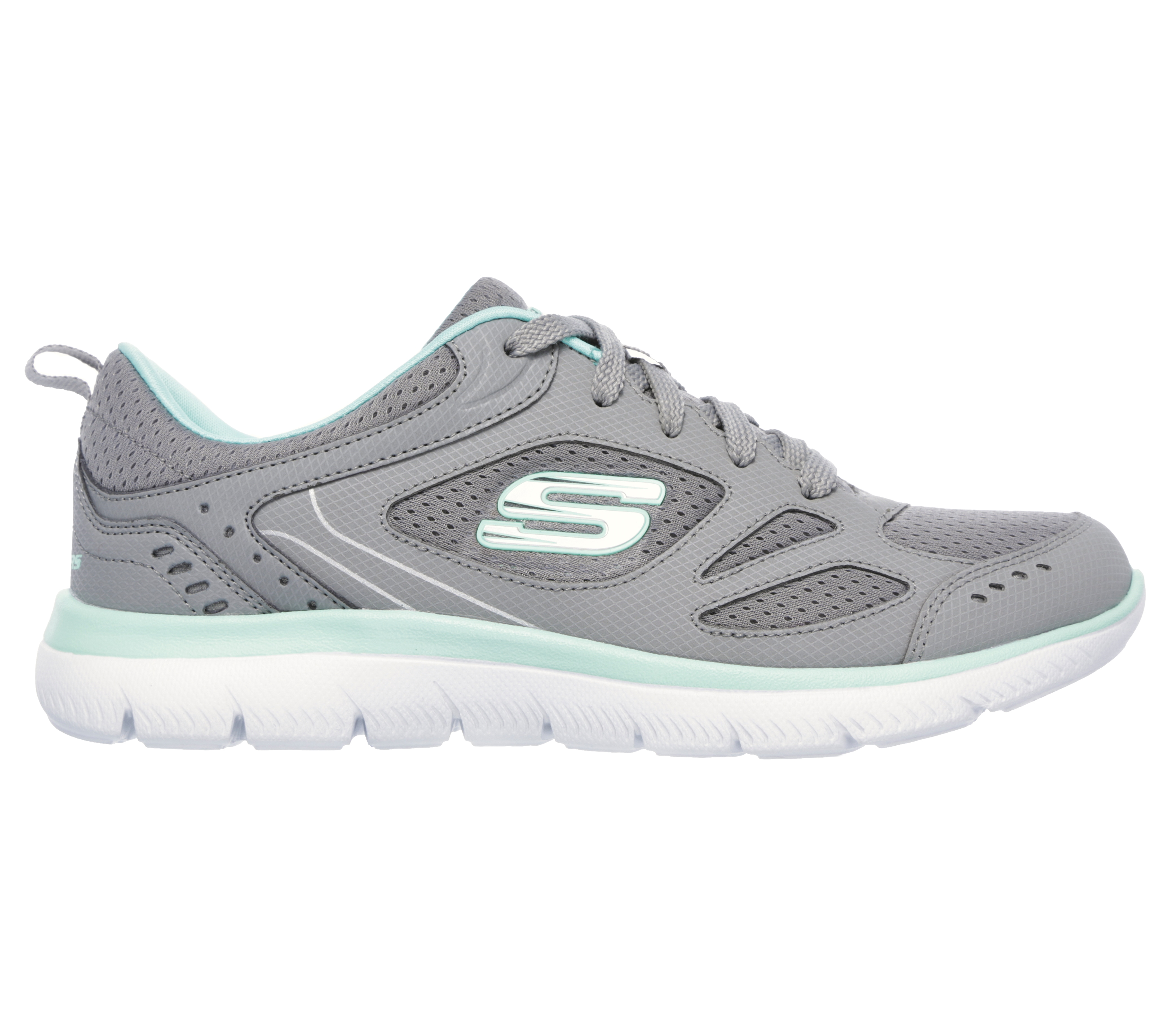 Sneaker SKECHERS "SUMMITS-SUITED", Damen, Gr. 36, grau, mintfarben, Leder, Mesh, Schuhe Sneaker, Freizeitschuh, Trainingsschuh, Schnürschuh mit weicher Polsterung