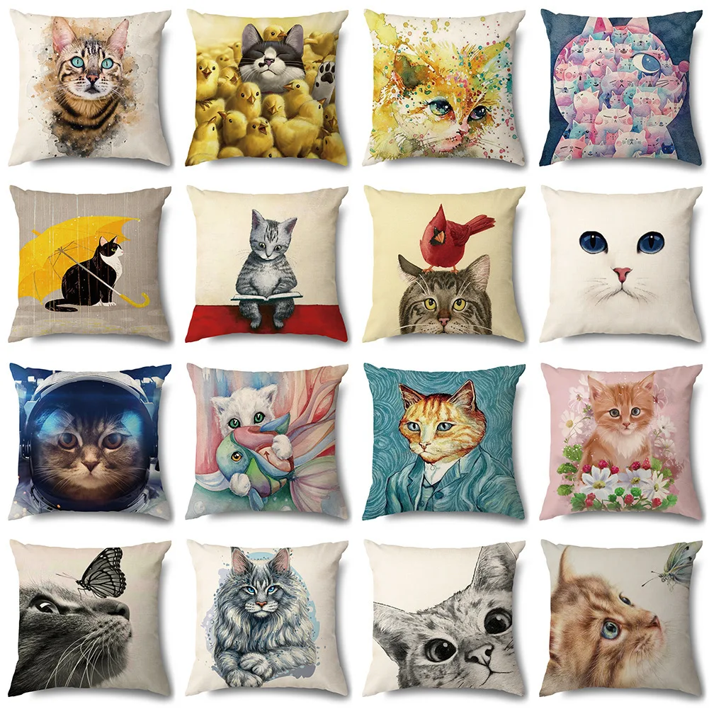 Bemalte Kissenbezüge mit Cartoon-Katze und Digitaldruck aus kurzem Plüschstoff. Autoförmiges Sofakissen für Büro und Heimdekoration Image