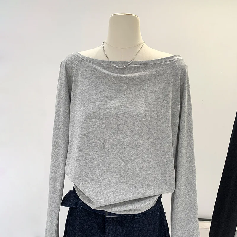 Herbst Winter Eine Schulter Baumwolle Langarm Schräg Schulter frauen Kleidung Stil Innen Breite Trüffel Schulter Basis Shirt Image
