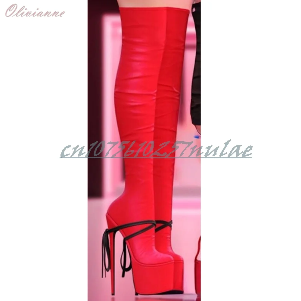 Rote Riemchen-Design-Plattform über dem Knie, Stiefel, Stiletto-Absatz, Party, sexy Mode, 2025, heißes Mädchen, neue Damenschuhe für Damen