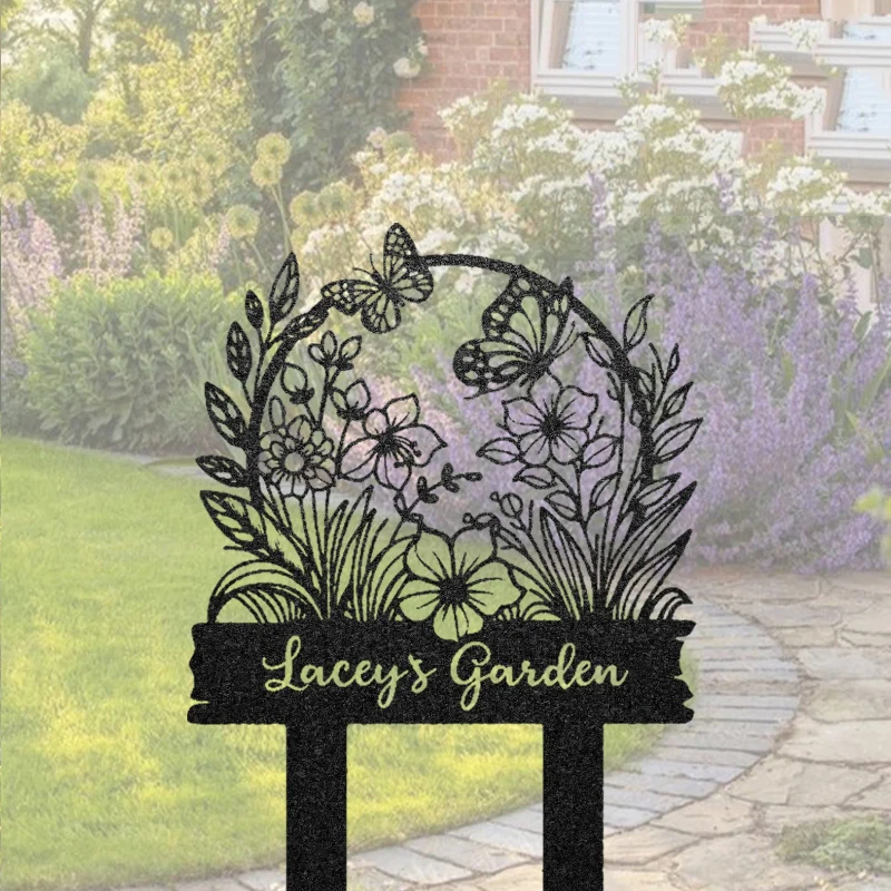 Panneau de jardin en métal, piquets de nom de jardin personnalisés, panneau de fleur personnalisé avec piquets, panneaux de pelouse, panneau de cour, décor de jardin