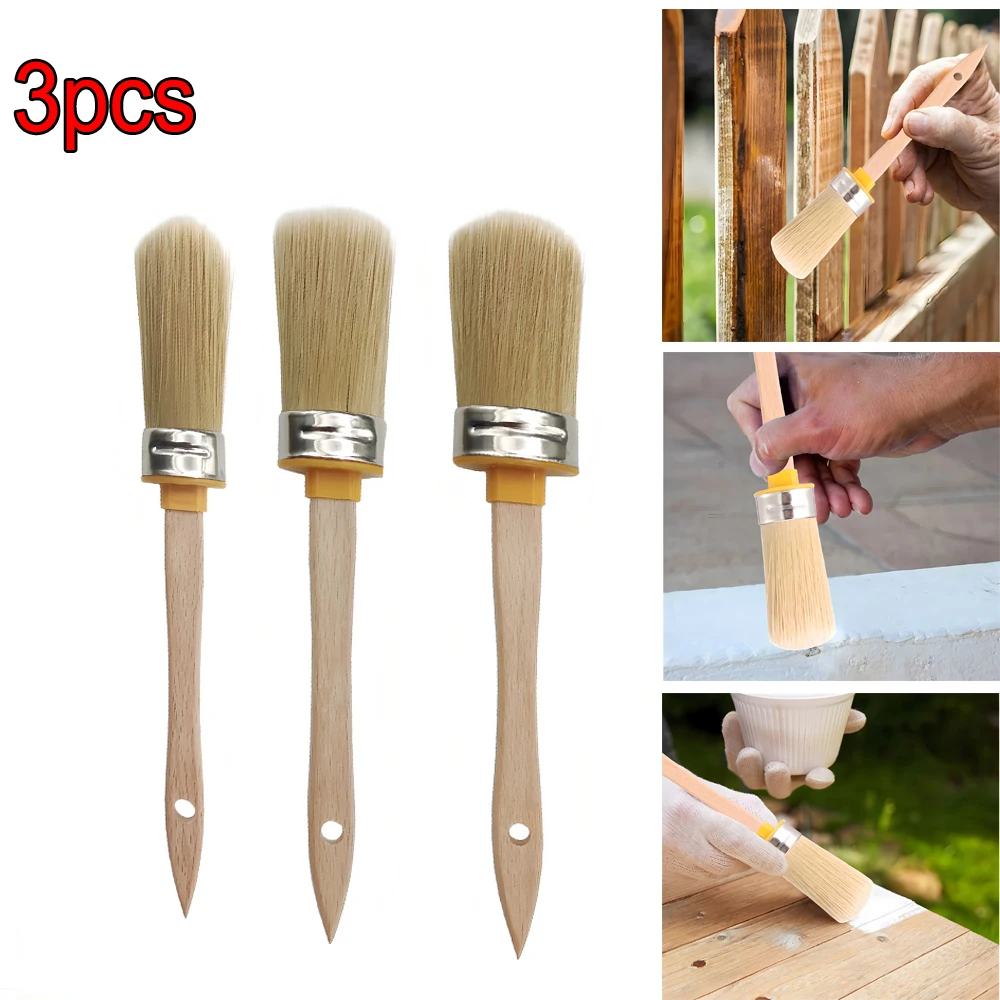 3 Stück Rundkopfpinsel Kreide Pinsel Holzgriff Malwachspinsel für Zuhause Wanddeko Malerei Latexbeschichtung Reinigung Image