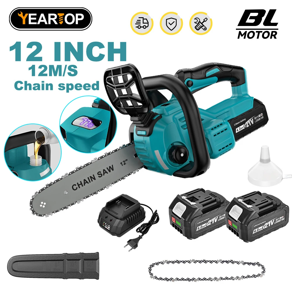 YEARTOP 12 Zoll Bürstenlose Elektrische Kettensäge Led-anzeige Cordless Garten Holzbearbeitung Kettensäge Power Tool Für Makita 18 V Batterie Image