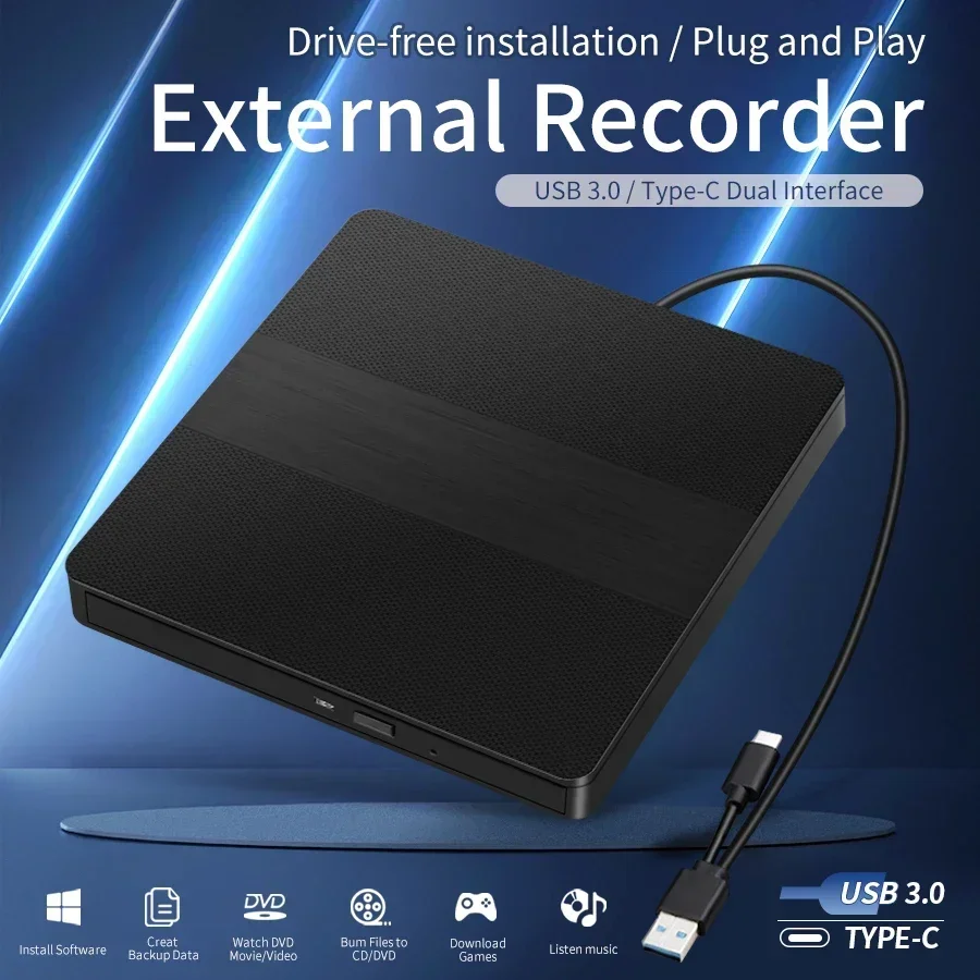 Externes 2-in-1 optisches Laufwerk USB 3.0 Typ-C Ultradünnes DVD-Brenner-Laufwerk Tragbarer RW-CD-Brenner-Lesegerät-Player für Laptop PC Mac Image