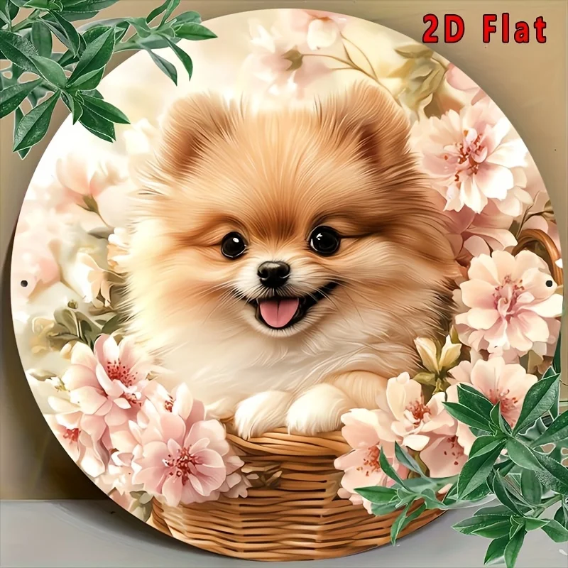 2D flach, 1-teiliges Vintage-Aluminiumschild – entzückender Pomeranian im Blumenkorb, lebendige rosa und weiße Blumen, langlebig für den Außenbereich/Innenbereich Image