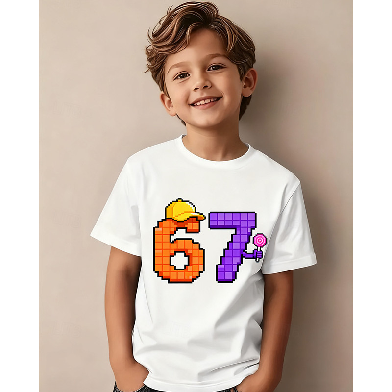 Cotton Kids Boys' Black White Graphic Hat Funny Slang 67 T shirt Blouse Crew Neck Short Sleeve Outdoor Dailywear Fashion Streetwear Designer Printing Summer