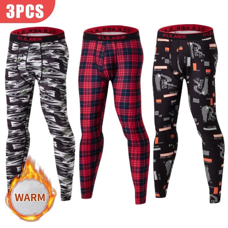 Mens Printed Warm Pants Autumn Winter Leggings Soft Comfortable Plus Size Underwear s black