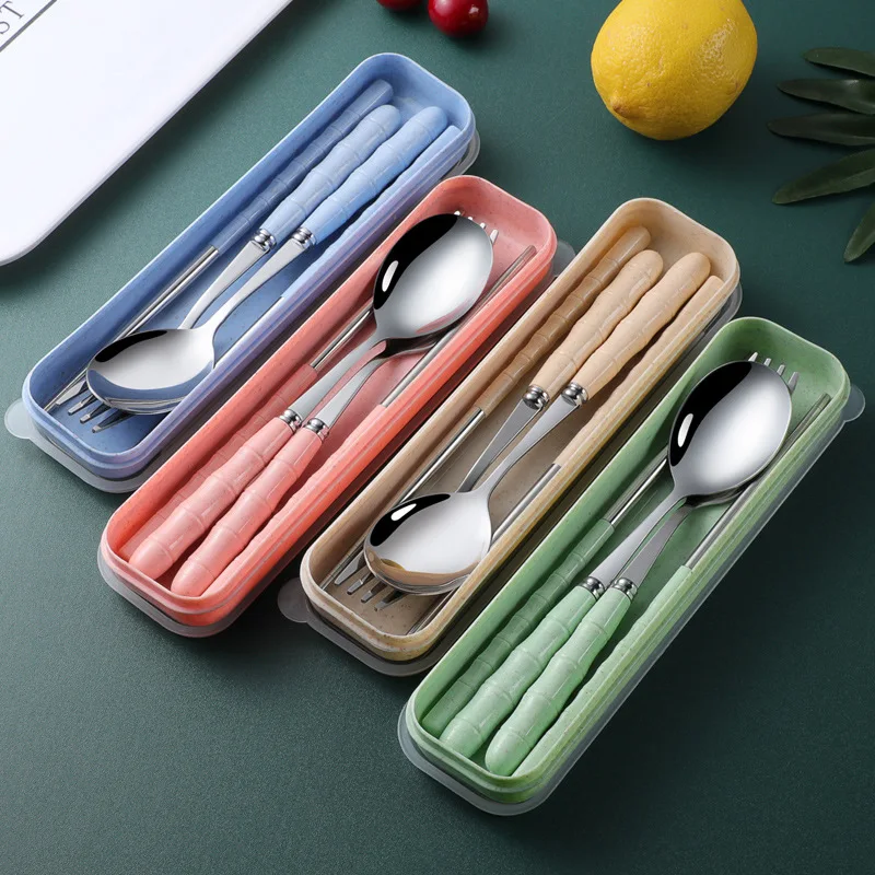 Transparent Cover Wheat Straw Tableware Set, Outdoor Reusable Practical Cutlery, Storage Bag Travel Slot Box pink