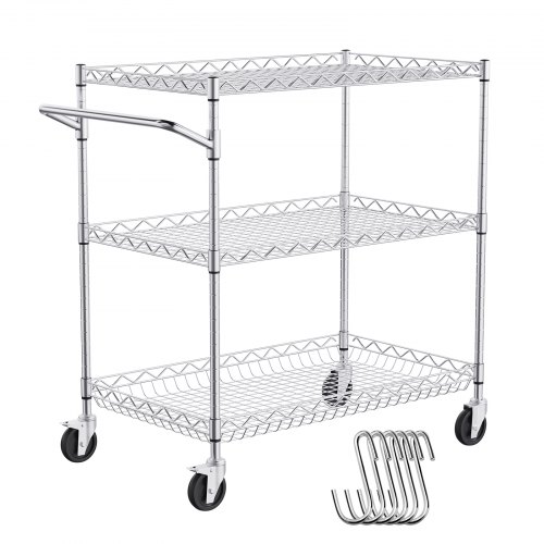 Metal Service Cart On Wheels, Kitchen Utility Cart With High Capacity, Wire Rolling Cart, Adjustable Shelves And Hooks Metal Service Cart On Wheels, Kitchen Utility Cart With High Capacity, Wire Rolling Cart, Adjustable Shelves And Hooks