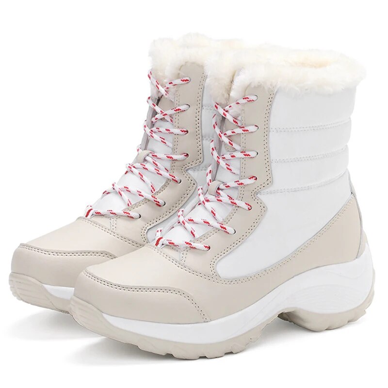Winter Women Heels Boots, Waterproof Platform Ankle Boots, Plush Snow Boots, Warm Outdoor Short Boots For Cold beige 42