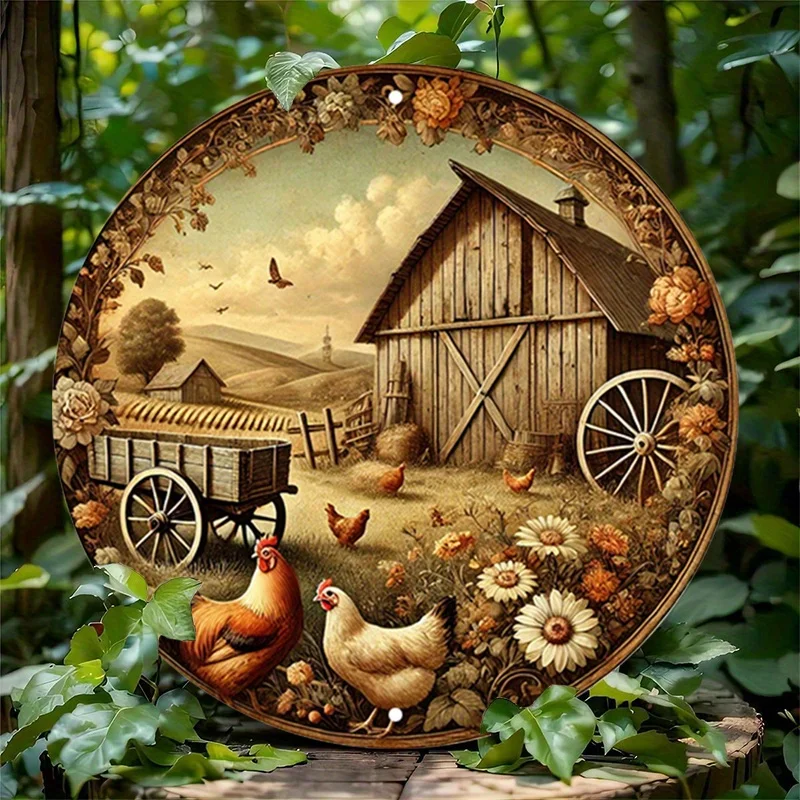 Bezaubernde runde Metallwandkunst mit Bauernhoftieren – lebendiges Aluminiumschild für Zuhause, Garage oder Café-Dekoration Image