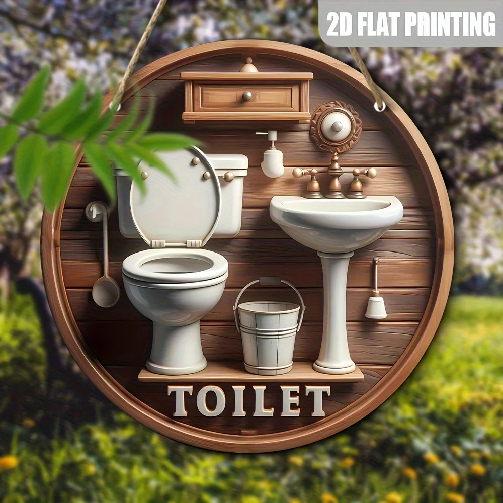 [Rundes Badezimmerschild aus Holz] 2D flach, 2D flach 5,9 Zoll rundes Badezimmerschild aus Holz – Vintage 2D-gedruckt mit Toilette und Badewanne I