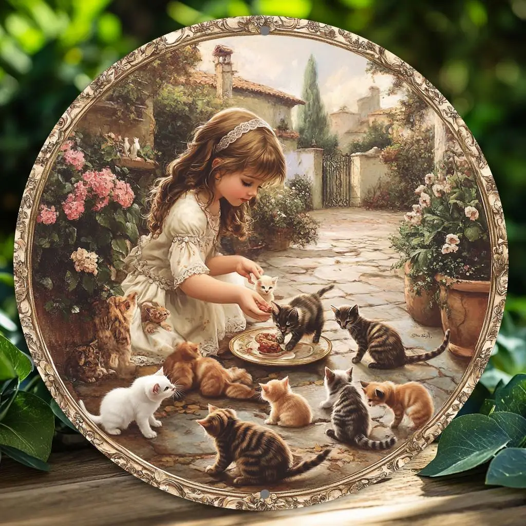 Einteiliges, 2D-gedrucktes rundes dekoratives Aluminiumschild mit einem Mädchen- und Katzenmotiv, geeignet zum Dekorieren von Bars, Küchen, Cafés Image