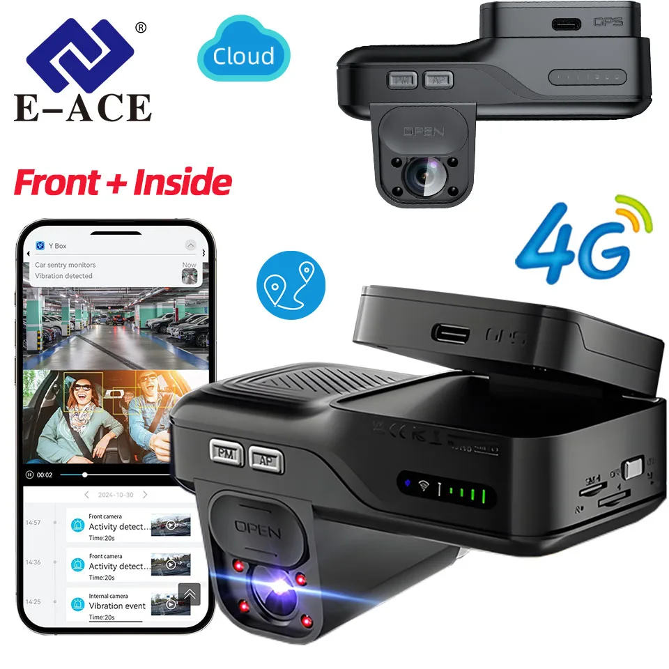 E-ACE 4G LTE SIM DashCam Auto DVR Kamera Live Video GPS Tracking Remote Monitor Live-View Vorne + innen Auto Aufnahme Kostenlose APP Image
