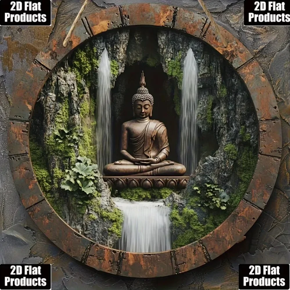 „2D Flat Bohemian Zen Buddha Wall Art“ – Rundes Design mit Wasserfall und Grün; Dekor im rustikalen Stil für Zuhause, Büro, Café und Bar