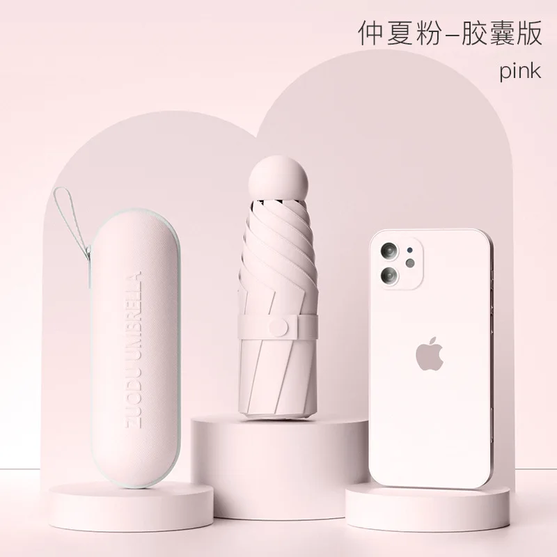 Kapselschirm, kleiner und tragbarer einfarbiger Sonnenschirm für Damen und Regen, Schutz mit doppeltem Verwendungszweck Image