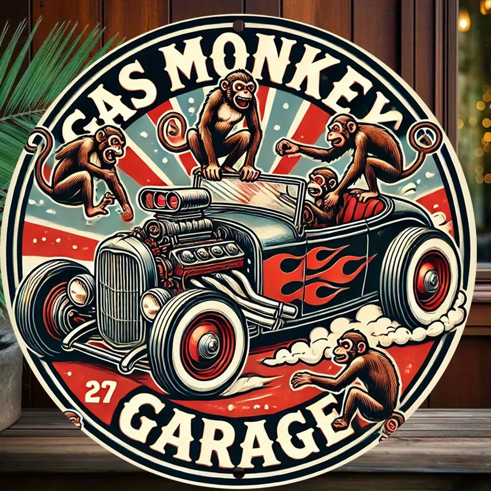 2D Flat Vintage Monkey & Classic Car Metallwandkunst – Retro-Garagendekoration mit lebendigen Farben, langlebiges Eisenschild Image