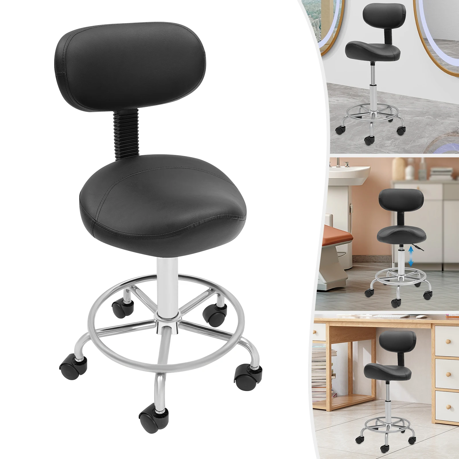 Lift rotierender Barhocker mit Rückenlehne, PU-Leder, höhenverstellbar, 45–59 cm, ergonomischer Sattelhocker mit Rollen für das Büro