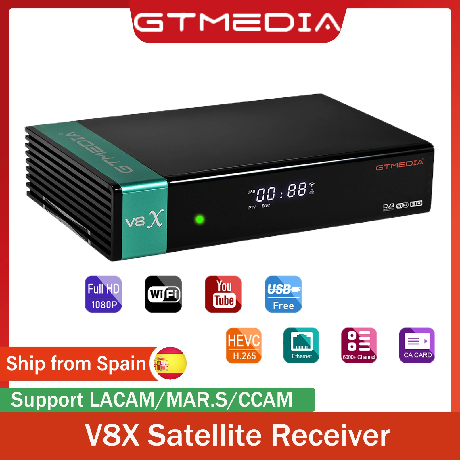 GTMEDIA V8X récepteurs TV par Satellite DVB S/S2/S2X 1080P HD intégré 2.4G WiFi emplacement pour carte CA décodeur intelligent point espagnol