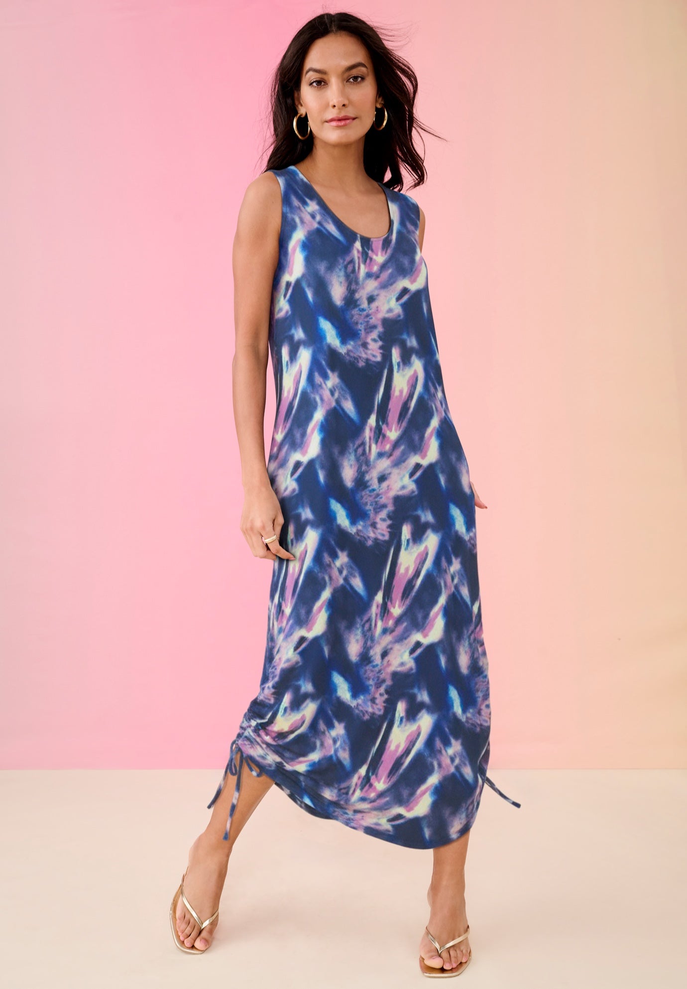 Plus Size Women's Plus Size Stretch Knit Sleeveless Midi Dress with Ruched Hem Detail by Roaman's in Mauve Smoky Tie Dye (Size 26/28)