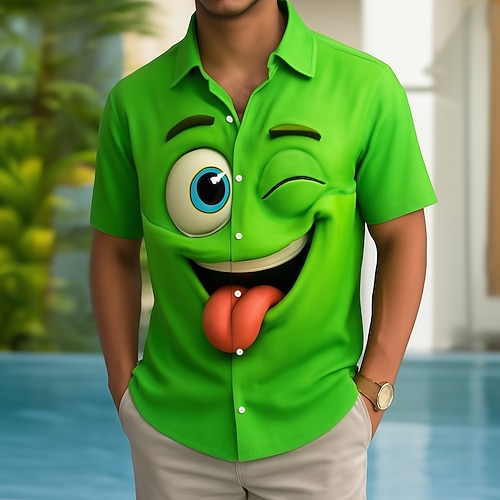 Herren Optische Täuschung 3D Zeichentrick Lächelndes Gesicht Hemd Knopfhemd Kurzarm Lustig Outdoor Ferien Sommer Frühling Umlegekragen 3D-Druck Hemden mit Kragen Gelb Dunkelgrün Orange Grün Image
