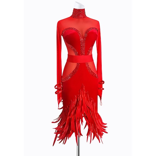 Glamouröses rotes Latein-Tanzkleid für Damen – lange Ärmel aus Mesh, mit Strasssteinen besetzter Stehkragen Oberteil, Rock mit Federsaum, inklusive Armstulpen – Rumba-Salsa-Kleid Image