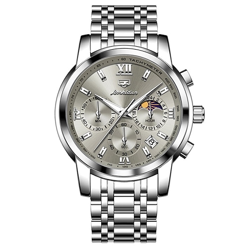 Modische Quarzuhr Valentinstagsgeschenk runde Zifferblatt Edelstahl-Uhrenarmband Armbanduhr Mondphase Kalender leuchtende kleine Sekunde Edelstahl-Armbanduhren