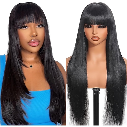 Glatte Echthaarperücken mit Pony, brasilianische Echthaarperücken für Damen, kleberlose Echthaarperücken, maschinell gefertigt, ohne Lace-Front, natürliche Farbe Image