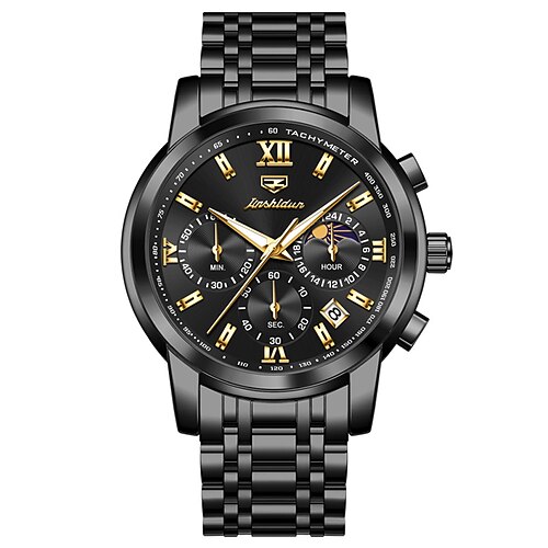 Modische Quarzuhr Valentinstagsgeschenk runde Zifferblatt Edelstahl-Uhrenarmband Armbanduhr Mondphase Kalender leuchtende kleine Sekunde Edelstahl-Armbanduhren