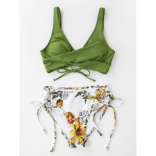 Damen Bikini 2-teiliges Badeanzug Bindeseite Schlank Rückenfrei Urlaub Strandbekleidung Blumen V-Ausschnitt Ärmelloses Badeanzüge Image