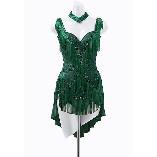 Smaragdgrünes, mit Strassfransen besetztes Latein-Tanzkleid für Damen – asymmetrischer Herzausschnitt mit Choker, geeignet für Standardtänze Image