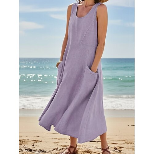 Damen Maxikleid Sommerkleid A Linie Kleid Urlaub Lässig Strand Ausgehen Lässiger Schnitt Einfarbig Grafik Ärmellos Rundhalsausschnitt Hellblau Weiß Purpur Orange Sommer Frühling Image