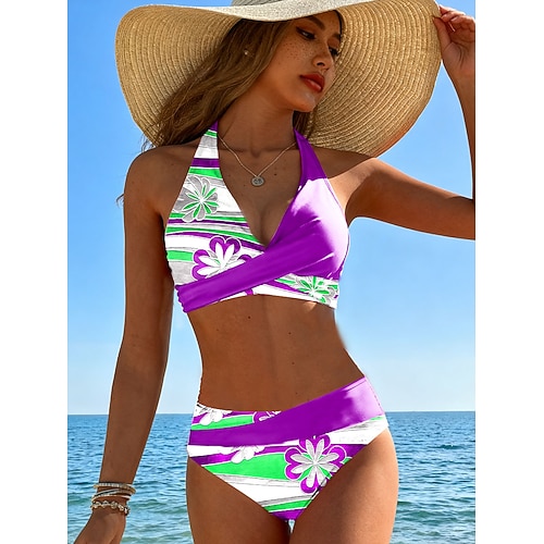 Damen Bikini 2-teiliges Badeanzug Frech Urlaub Mode Florale Grafik V-Ausschnitt Ärmelloses Badeanzug Image