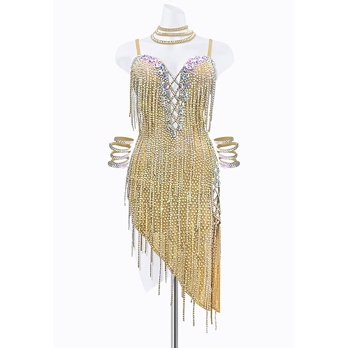 Damen-Set aus goldenem Strass-Fransen-Lateintanzkleid – funkelnd, asymmetrisch, mit Choker Zu den Manschetten gehörten auch Ballsaal-Auftritte Image