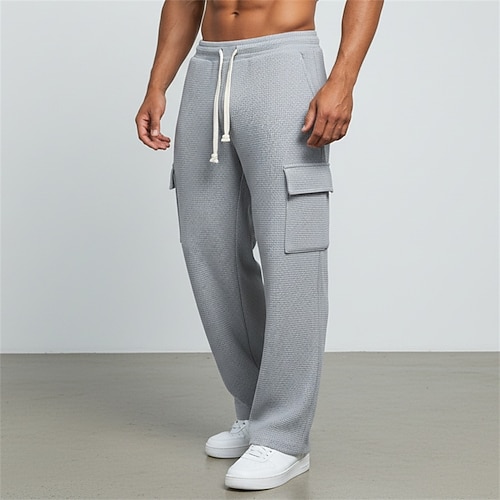 Herren Waffel Cargo-Hosen Cargo-Jogginghose Hose Gerade geschnittene Sweatpants Kordelzug Elastischer Bund Mehrere Taschen Einfach Komfort Feuchtigkeitsableitend Volle Länge Lässig Täglich Sport im Image