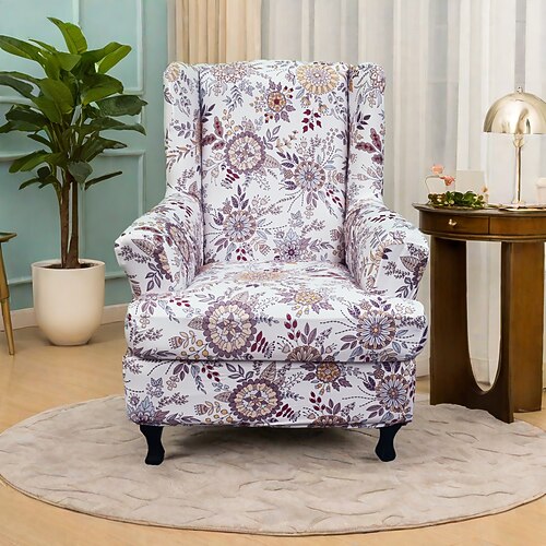 Ohrensesselbezug mit floralem Streifenmuster und geometrischem Print, aus Polyester, dehnbar, für Wohnzimmer, Esszimmer, Homeoffice Image