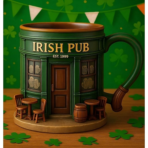 Irischer Pub-Kaffeebecher aus Kunstharz, 3D-Optik, St. Patrick's Day Geschenkidee, Becher im Kleeblatt-Bierkrug-Stil, grünes irisches Festival-Trinkgeschirr, Vintage-Kneipenbecher mit Koboldmotiv für die Hausbar, Geschenk für die Feiertage Image