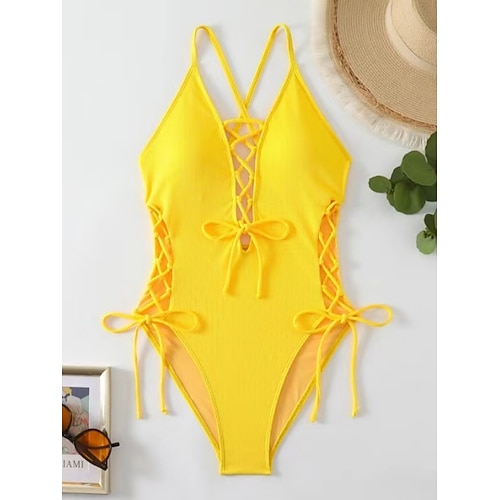 Damen Einteiler Badeanzug Sexy Cutout Monokini Bauchkontrolle Hohe Taille Slim Rückenfrei Urlaub Strandbekleidung Einfarbig V-Ausschnitt Ärmellose Badeanzüge