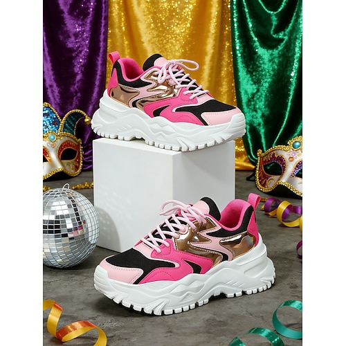 Damen Mardi Gras Rosarote chunky Plateau Sneakers mit Metallic Gold – Retro Dad Schuhe für Karnevalspartys Streetwear Rave-Outfits Image